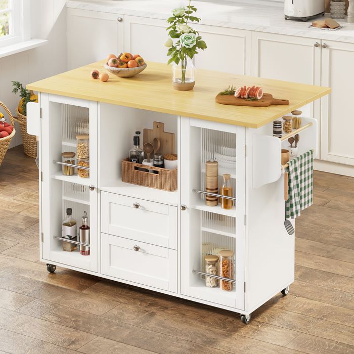 Merax Meuble Rangement Blanc - avec 2 Tiroirs et Portes Verre -  Îlot de Cuisine sur Roulettes avec Plan Rabattable