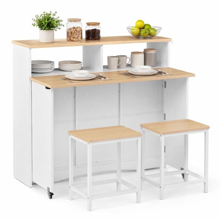 Îlot de cuisine avec roulettes – meuble de cuisine blanc en MDF – plateau rabattable et 2 tabourets