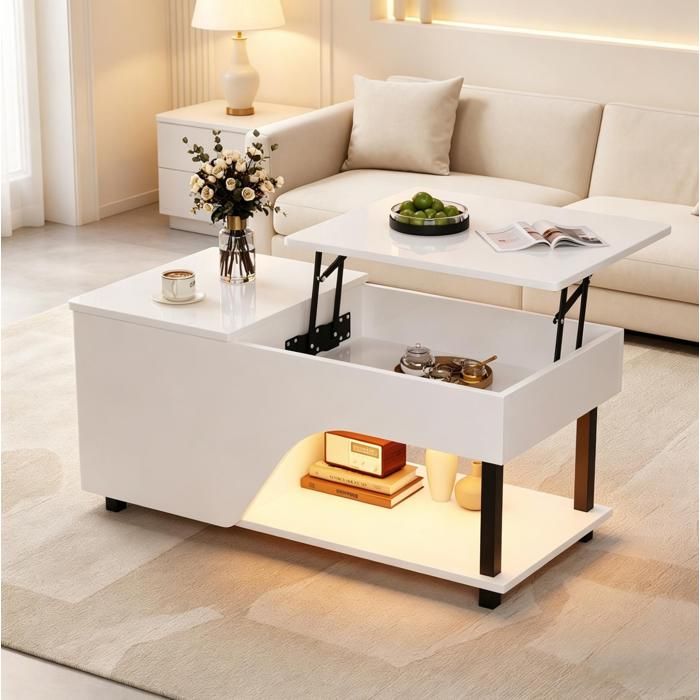 Table basse relevable blanche 100 x 50 x 46 cm avec rangement caché étagère ouverte LED USB et pieds métal