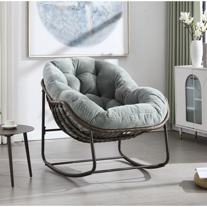 WOVREO Fauteuil à bascule en rotin synthétique vert avec coussin rembourré structure en acier 78 x 106 x 90 cm
