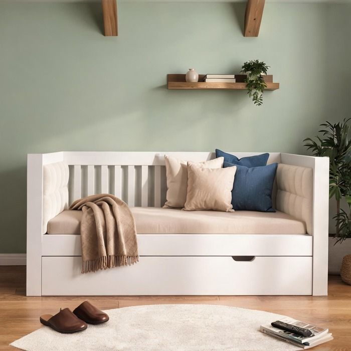 Canapé-lit avec lit gigogne en bois massif finition blanche 90x200/90x190 cm design gain de place