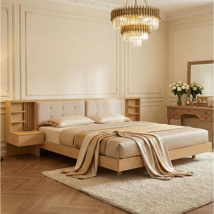 COVREO Lit king size 180x200 cm avec tête de lit de rangement USB prise UE tiroirs étagères beige