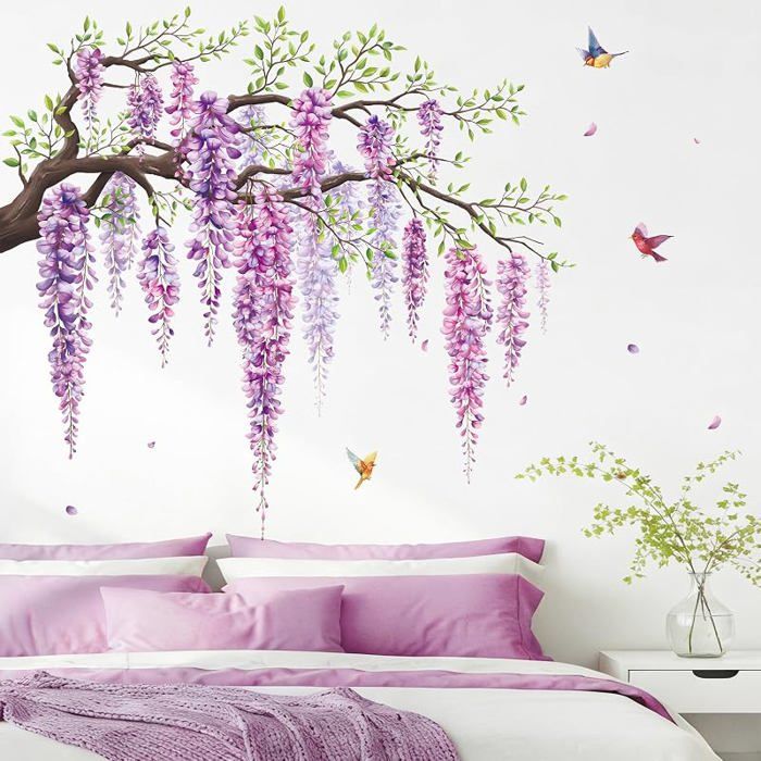 Stickers Muraux Fleurs Violettes GrandsAutocolnt Mural Arbre GlycineDécoration Murale pour Filles Chambre Salon