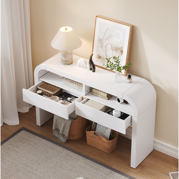 Console 2 Tiroirs et 2 Niches Ouvertes avec Pieds Réglables - BEAUNIV - Moderne MDF Blanc 120×355×765 cm