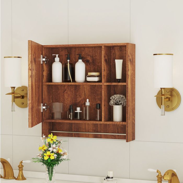 Armoire de Salle de Bain 1 Porte avec Miroir et Rangements Ouverts - ELVMI - Murale MDF Noyer 55×13×56 cm