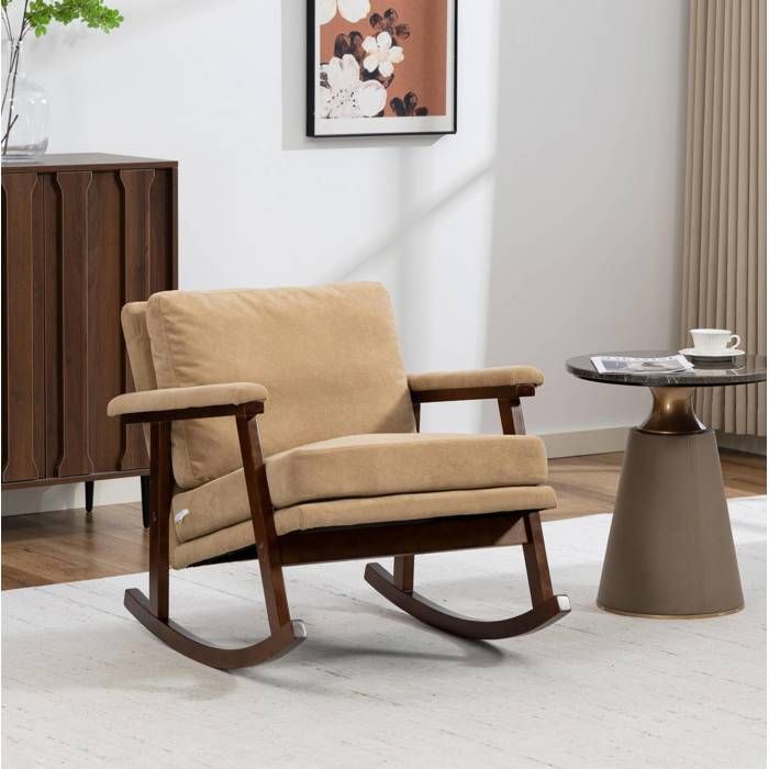 Rocking-chair 1 Place Fauteuil dAccent avec Coussin Lombaire et Accoudoirs Structure en Bois Velours Marron Clair 73 × 80 × 83 cm