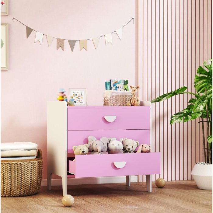 Commode enfant 3 tiroirs 60 x 40 x 60 cm en MDF rose et blanc avec surface en mélamine