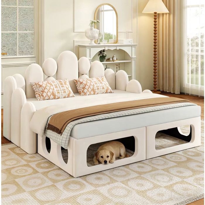 Lit Combiné Lit Double 2 Sommiers Indépendants Espace pour Animal et Dossier 180 × 200 cm sans Matelas