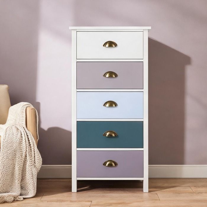 Chiffonnier 5 tiroirs multicolore en MDF 45x30x95 4 cm style classique poignées - Multicolore MDF 17.72 x 11.81 x 37.56 cm Ref