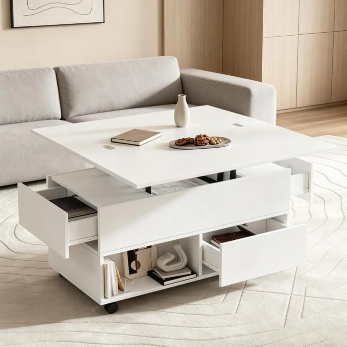 ULEVR Table basse relevable blanche 100 x 50 x 52 cm en panneaux de particules 4 tiroirs à roulettes