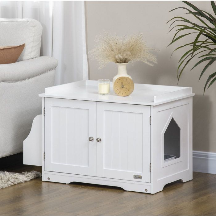 Meuble cache-litiere chat blanc 86x48x52 cm avec double porte magnetique et cloison reglable