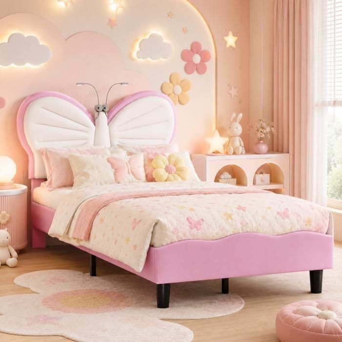 Lit Enfant Fille 90x200 cm avec Liseuse - Lit Simple Rembourré avec Sommier à Lattes - Décor Papillon - 1 Personne - Velours Rose