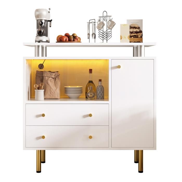 Buffet bas LED blanc – portes coulissantes en verre 2 tiroirs 1 porte 80 x 35 x 80 cm
