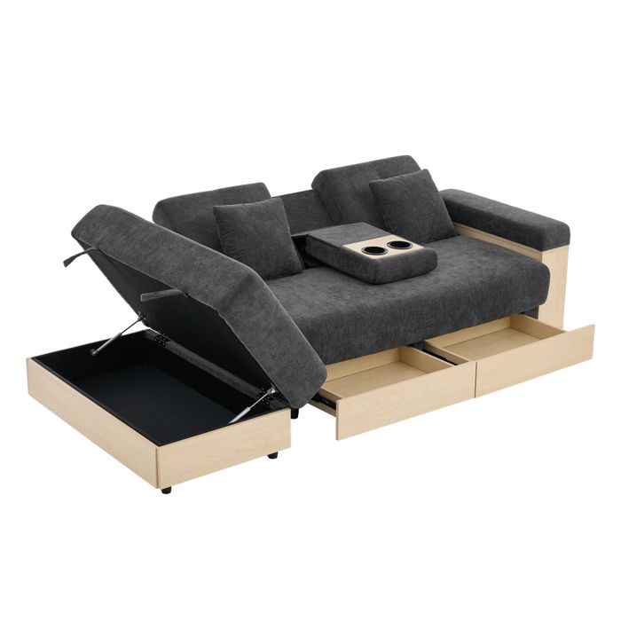 Canapé convertible 217cm gris tissu chenille dossier 3 positions lit d’appoint avec tiroirs coffre rangement et porte‑gobelet Canapé convertible 217cm gris tissu chenille dossier 3 positions lit d’appoint avec tiroirs coffre rangement et porte‑gobelet