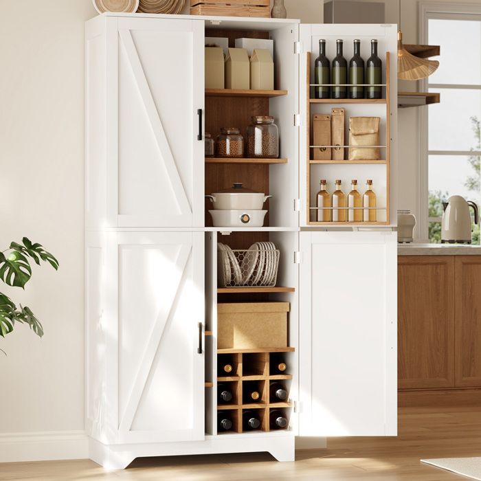 Armoire cuisine 80x40x180 cm 4 portes style grange porte-bouteilles rangements intégrés grand stockage MDF Blanc/Naturel