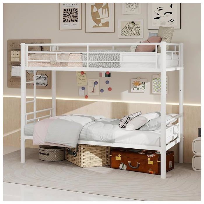 Lit superposé pour enfants 90 x 190 cm Convertible en 2 lits simples avec échelle et barrière de sécurité pas de matelas Blanc