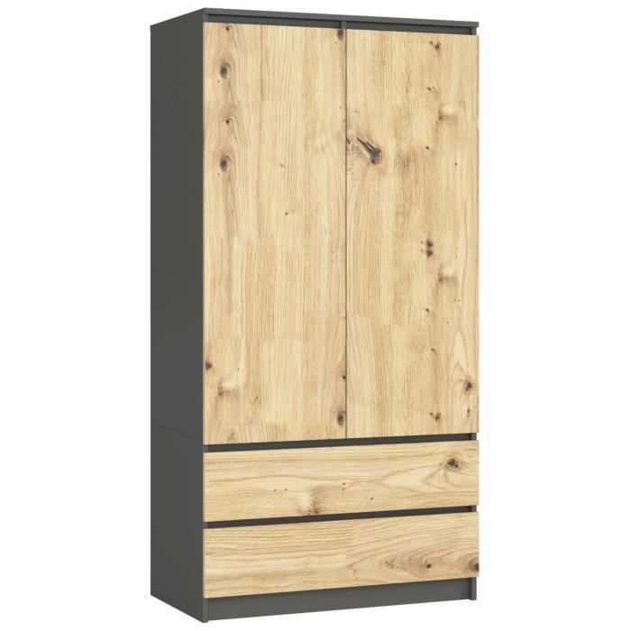 Armoire AKORD S90 Gris Graphite 90 cm 2 portes 2 tiroirs façade Chêne Artisan 4 étagères 90x51x180 cm Armoire AKORD S90 Gris Graphite 90 cm 2 portes 2 tiroirs façade Chêne Artisan 4 étagères 90x51x180 cm