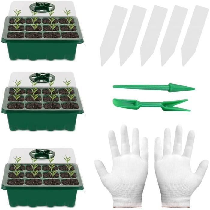 Lot 4 Plateaux Semis 160 Cellules + Lumière Croissance LED & Dôme Humidité – Mini Serre Chauffante Automatique Plantes