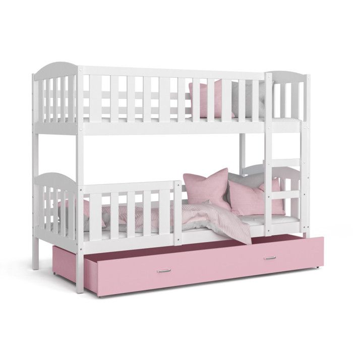 Lit Superposé 3 Places Teo 90x190 gigogne + matelas Blanc - rose