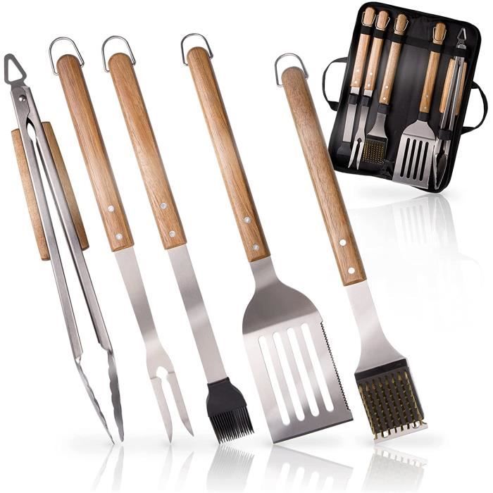 Set Ustensiles Barbecue Acier Inox - Pince, Fourchette, Spatule - Poignées Bois 34cm