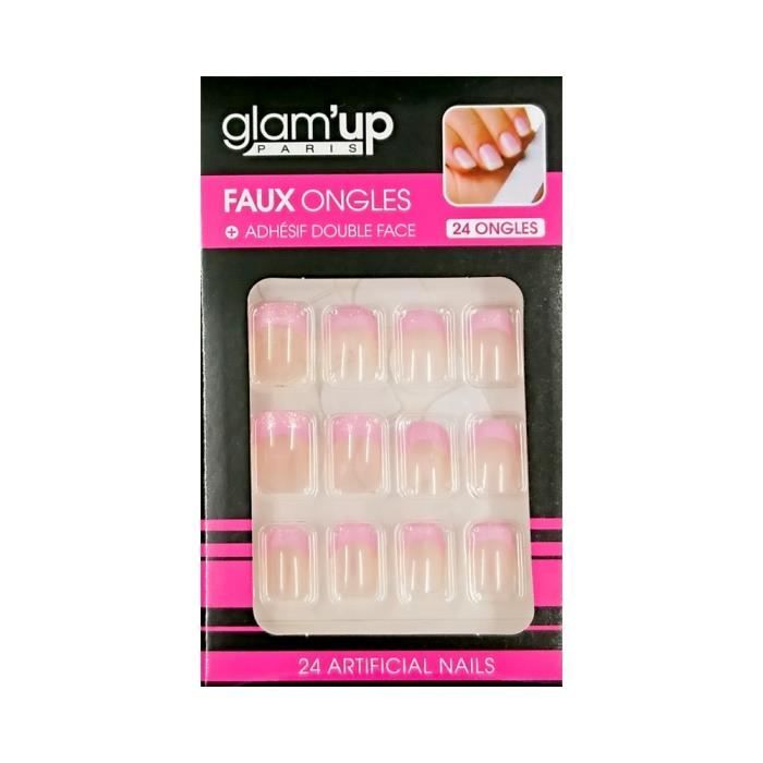 GLAM UP Faux Ongles + Adhesifs Beige Transparent Bout Rose Paillete