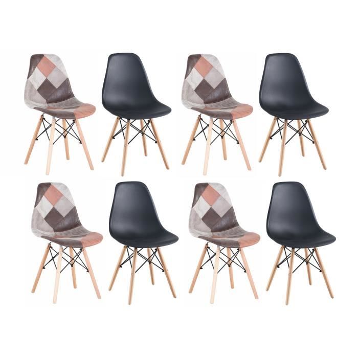 lot de 8 chaises scandinave patchwork marron pvc noir