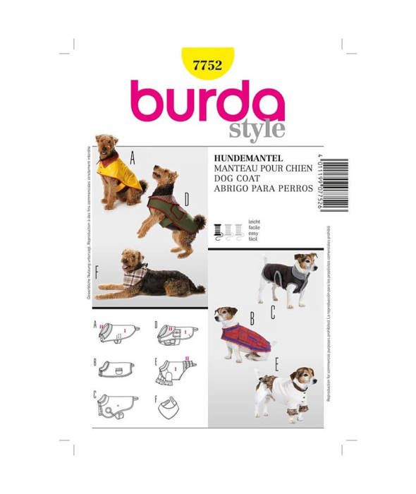 Patron Burda 7752 — Manteau / Bandana pour chien tailles S–M–L imprimé et imperméable