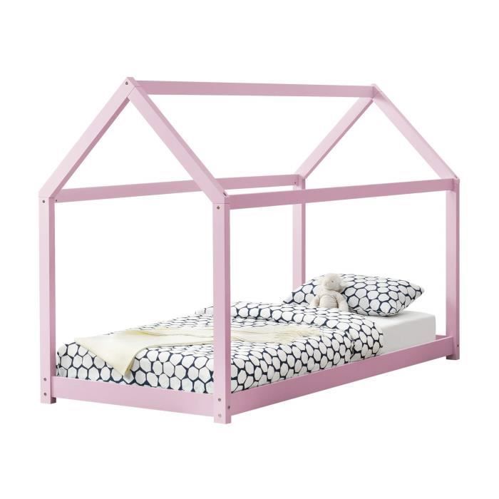 [en.casa] Lit Enfant Design Maison Cadre Structure Lit Bois Blanc Cabane 206 x 98 x 142 cm Rose