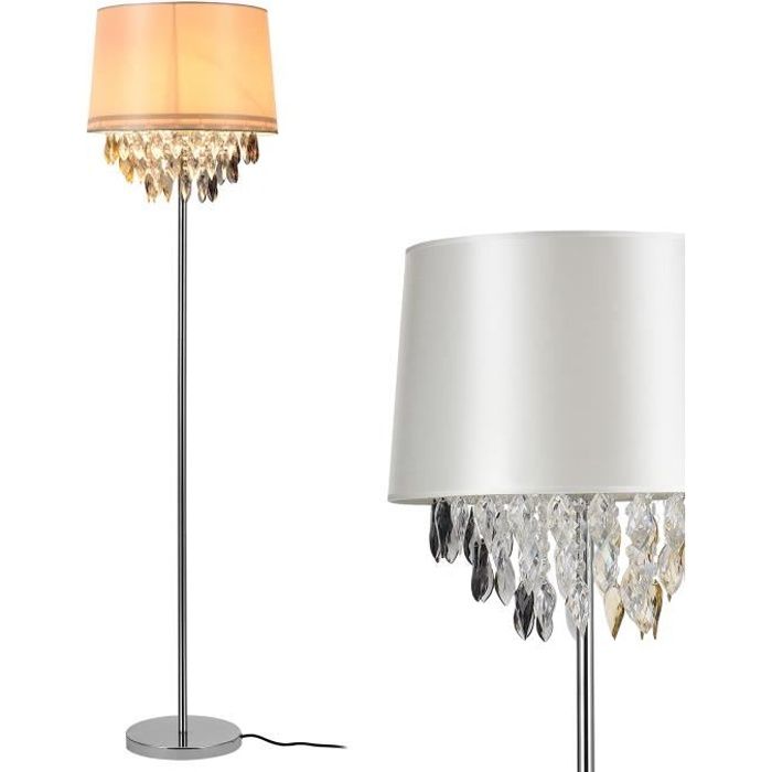 lux.pro lampadaire lampe sur pied (1 x Socle e27)(165 cm x Ø 40 cm) pied chromé + abat-jour argent + pendeloque de cristal lampe