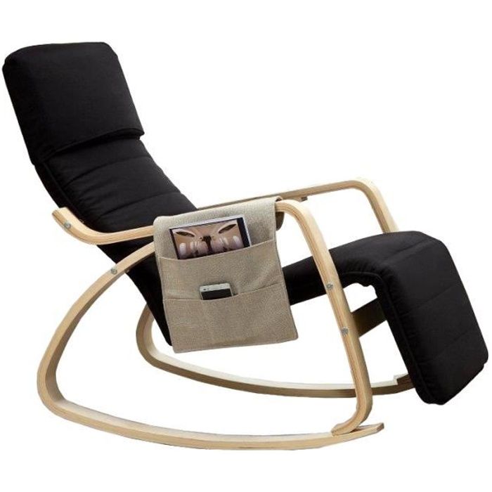 fauteuil / chaise à bascule couleur noir avec repose-pieds réglable et pochette latérale