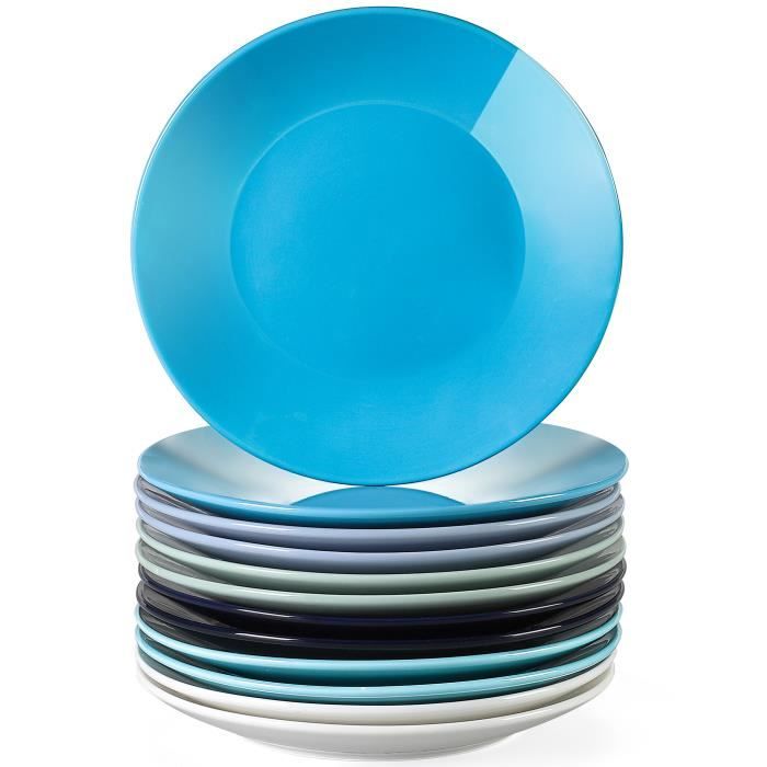 Lot 12 assiettes plates en porcelaine, 26 cm, ‎Multicolor Bleu