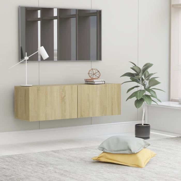meuble tv bas design contemporain - 979®pop - chêne sonoma - 100x30x30 cm