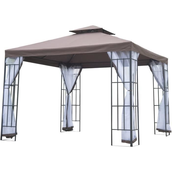 Tonnelle De Jardin 3x3m Mondeer - Double Toit, 4 Moustiquaires Zippées, Cadre Métal, Kaki, 12kg