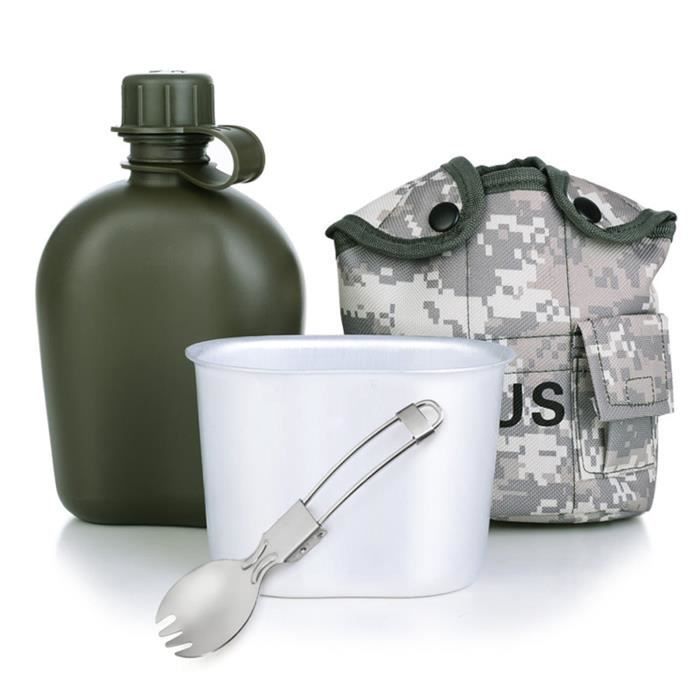 accessoire camping,bouteille d'eau militaire en aluminium,bouilloire d'extérieur,kit de cantine avec couvercle,cuillère - type set-a