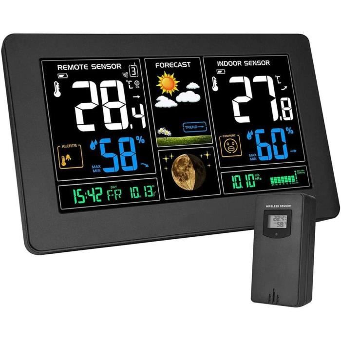 Station Météo Sans Fil RISEPRO Avec Capteur Extérieur - Écran LCD Couleur, Température/Humidité Int/Ext, Prévisions, Réveil
