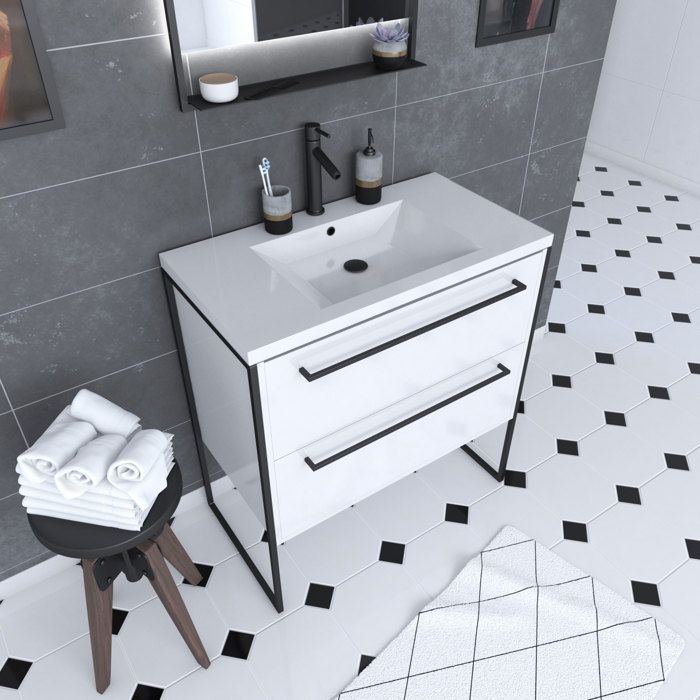 Meuble de salle de bain 80x50cm Blanc - 2 tiroirs et vasque résine blanche - AURLANE - STRUCTURA P010