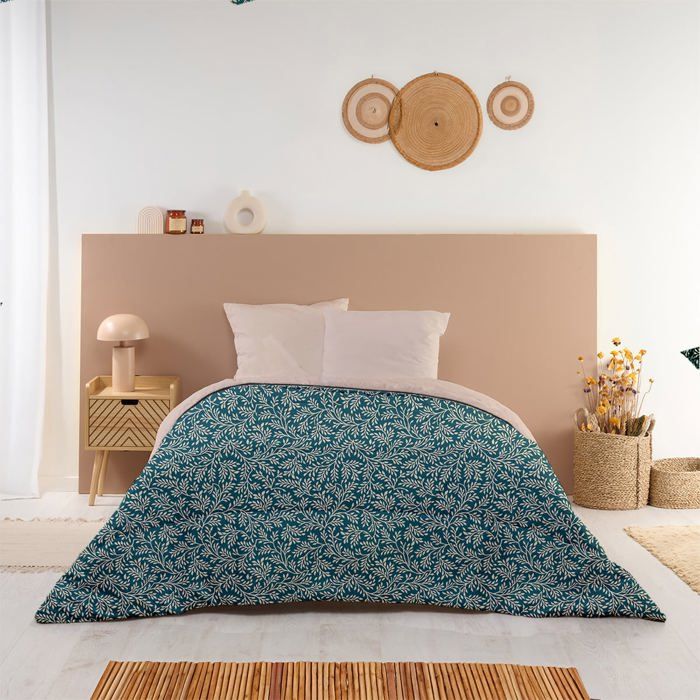 Couette Imprimée Chaude Omara 220x240cm Lit 2 places - Édredon 350g/m² Microfibre Fabriqué en France - Bleu Paon/Beige - BLEU CALIN