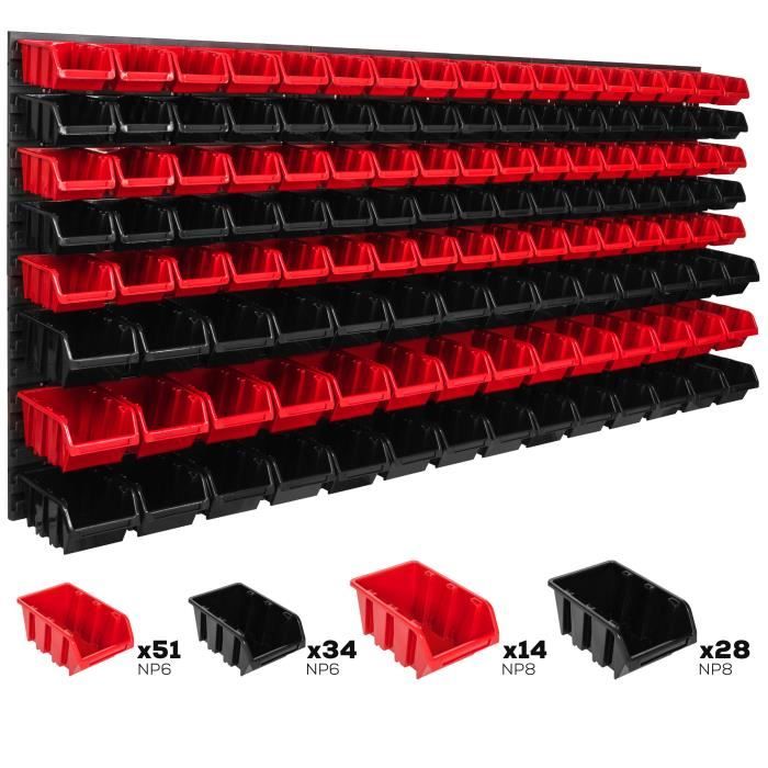 Système de rangement 174 x 78 cm a suspendre 127 boites bacs a bec S et M noir et rouge boites de rangement