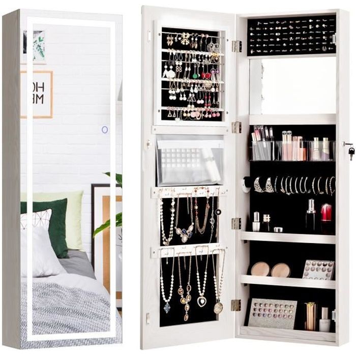COSTWAY Armoire à Bijoux avec Ecran Tactile Lumineux LED Verrouillable Rangement pour Bijoux et Cosmétiques Blanc