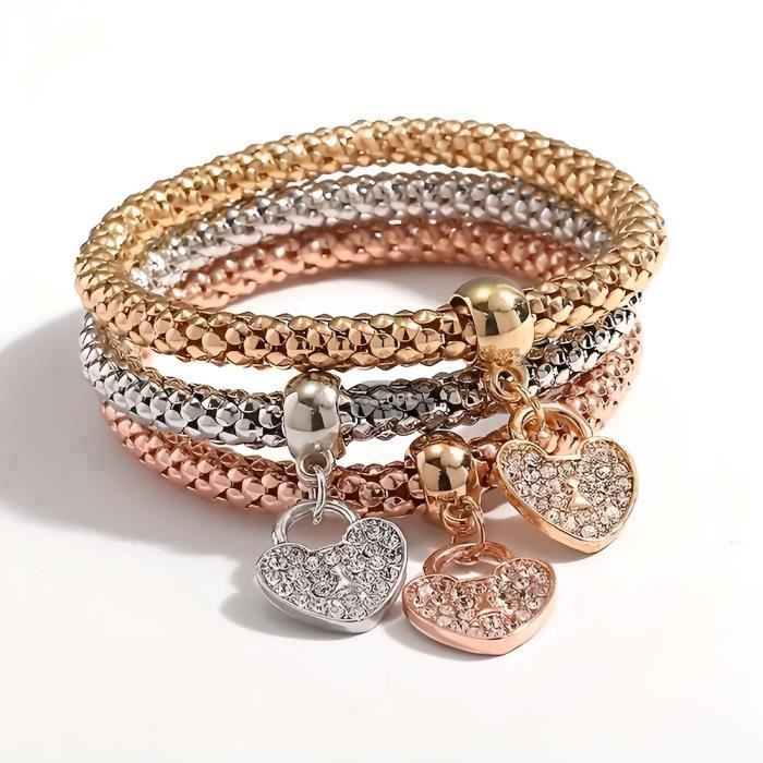 Bracelet - Femme - Triple - Coeur - Cristal - Blanc - Ajustable - Acier Inoxydable - 3 Couleurs Bracelet - Femme - Triple - Coeur - Cristal - Blanc - Ajustable - Acier Inoxydable - 3 Couleurs