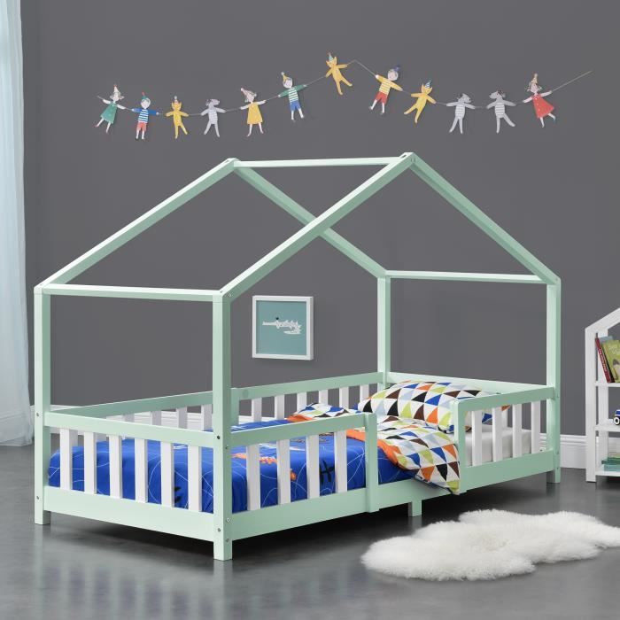 Lit denfant en forme de maison Treviolo 90 x 200 cm bois de pin vert menthe / blanc