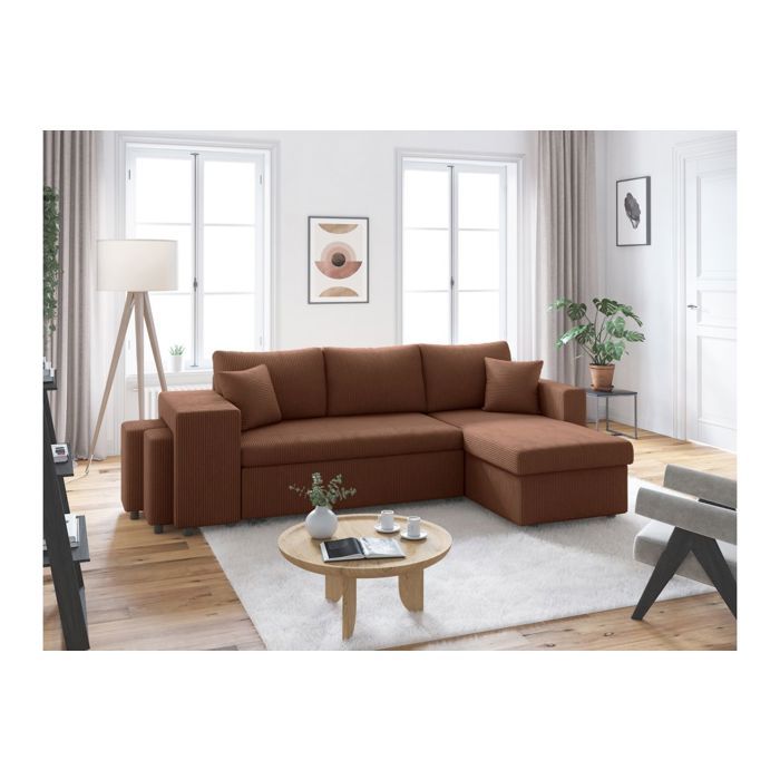 Canapé dangle réversible convertible OSLO avec coffre 2 poufs à gauche en velours côtelé marron - L241 x P146 x H81cm - LOUNGITUDE Canapé dangle réversible convertible OSLO avec coffre 2 poufs à gauche en velours côtelé marron - L241 x P146 x H81cm - LOUNGITUDE