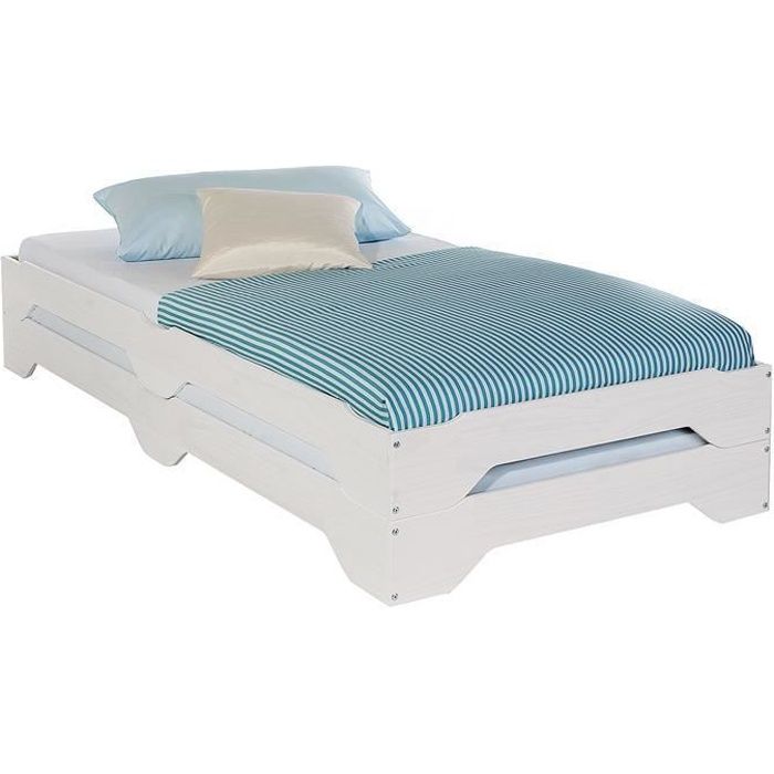 Lot de 2 lits superposables RONNY 90 x 200 cm couchage supplémentaire fonctionnel en pin massif lasuré blanc Lot de 2 lits superposables RONNY 90 x 200 cm couchage supplémentaire fonctionnel en pin massif lasuré blanc