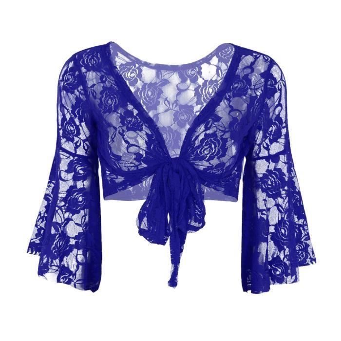 YONGHS Femme Haut Danse du Ventre Boléro Dentelle Cache coeur Danse Crop Top Danse Classique Bleu