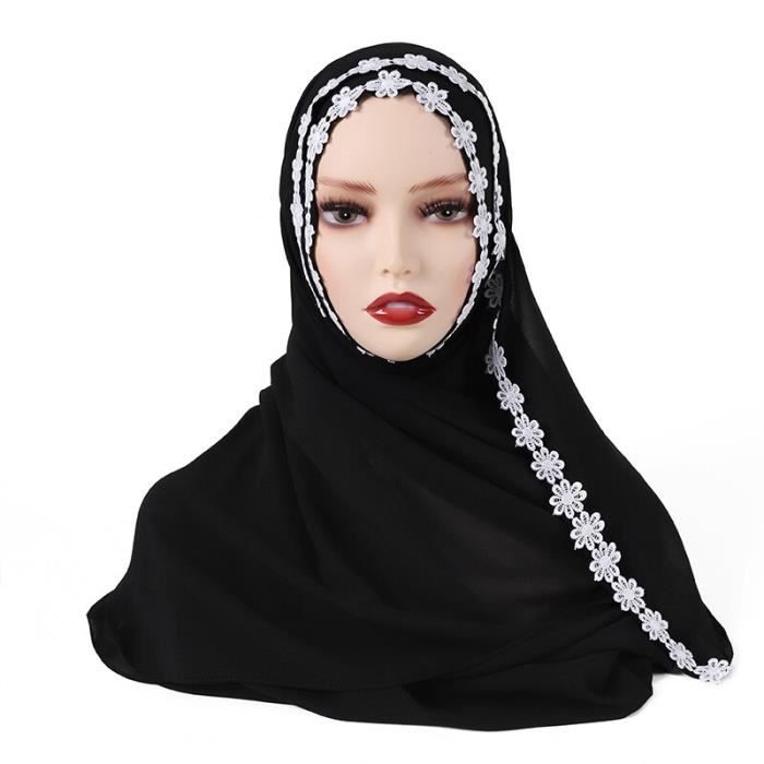 Musulman Perle En Mousseline De Soie Broderie Dentelle Couture Écharpe Hijab Long Châle Plaine