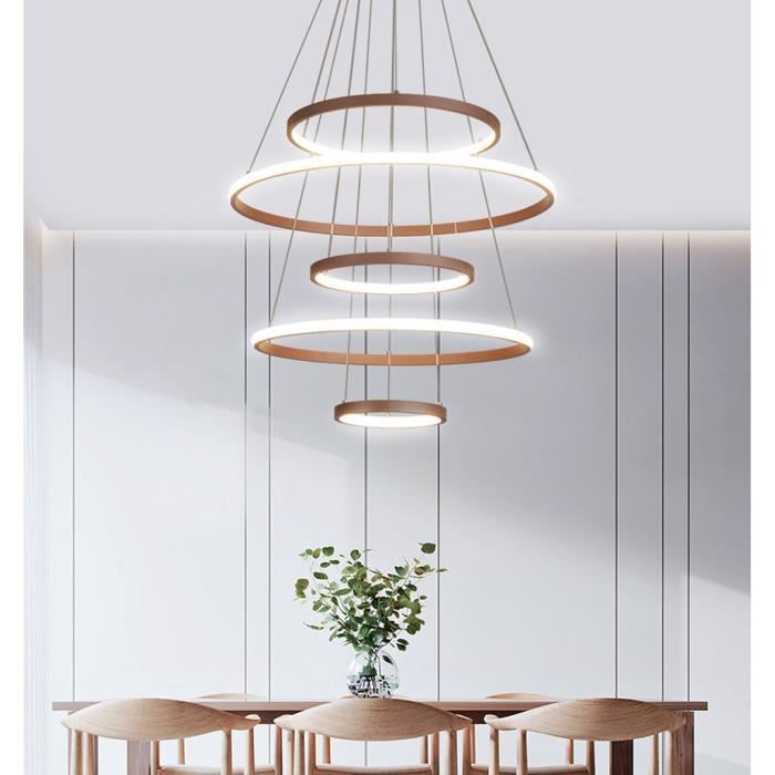 70w Moderne Lustre Led Dimmable Avec Telecommande Lampe Suspension Pour Plafond Haut 5 Anneau Brun Salle A Manger Escaliers