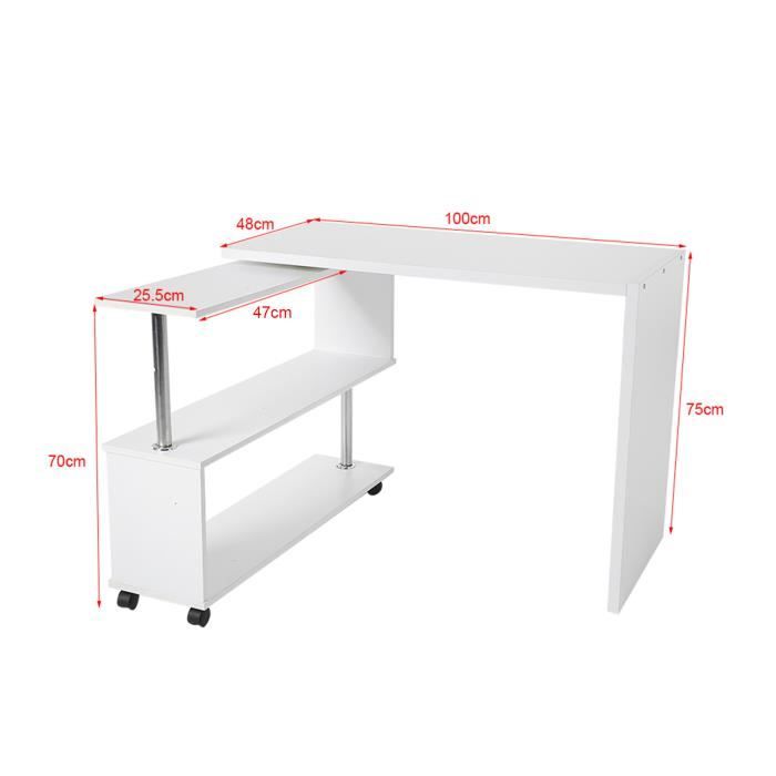 bureau d'ordinateur d'angle pivotant à 360 degrés avec huche - qqmora - blanc - carton + abs + fer - 100 x 48 x 75 cm
