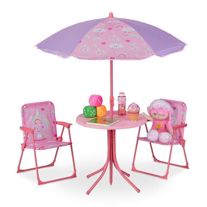 Relaxdays Ensemble sièges enfants Camping motif licorne parasol 2 chaises pliantes + table jardin rose