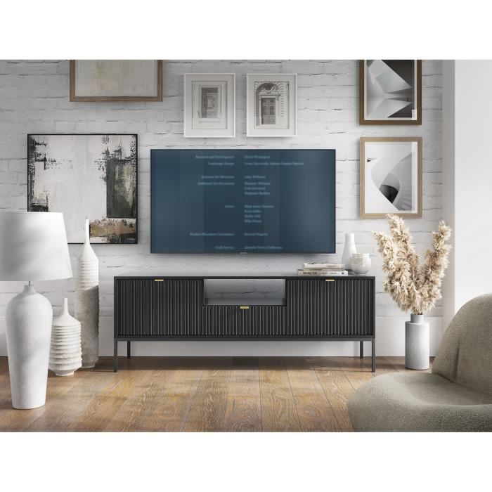 Meuble TV - SELSEY - VELLORE - 154 cm - Noir/Gris - Porte et tiroir Meuble TV - SELSEY - VELLORE - 154 cm - Noir/Gris - Porte et tiroir