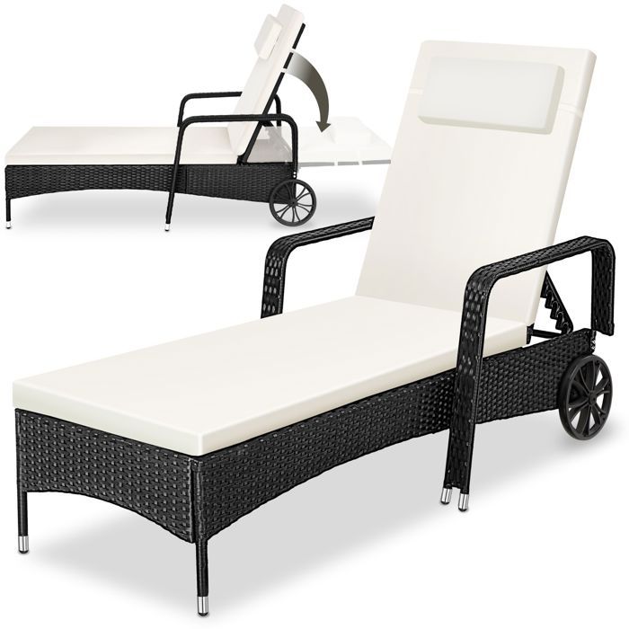 Bain de soleil - TECTAKE - Bain de soleil en rotin KALAMATA à roulettes et coussin dossier réglable 200 x 70 x 33 cm - Noir/Beige